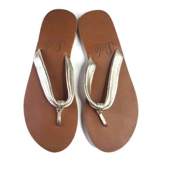 Sseko‎ Gold Flip Flip Sandals Women's 11 Leather - Picture 1 of 6